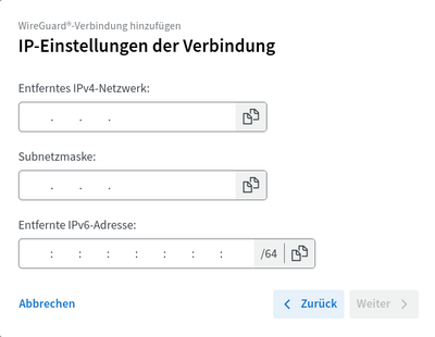 Der Assistent fragt nach der IPv4-Adresse und -Subnetzmaske sowie nach der IPv6-Adresse (hier Subnetz per Default /64).